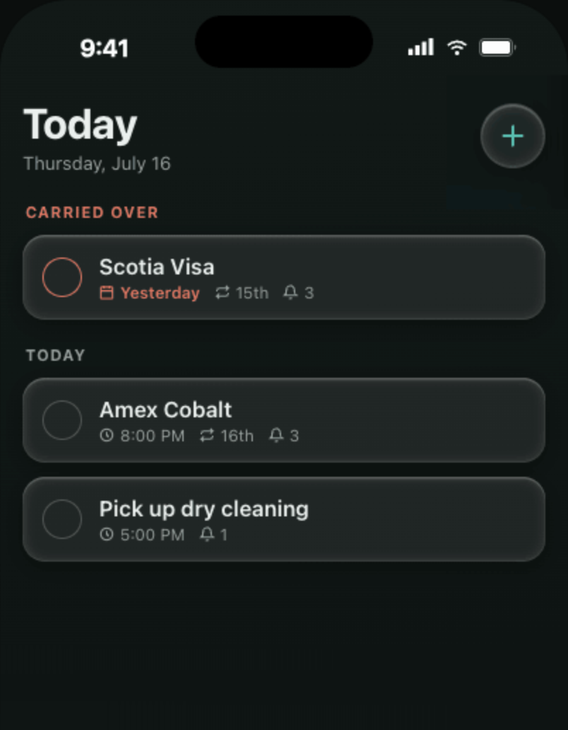 CueSpace today screen, dark theme