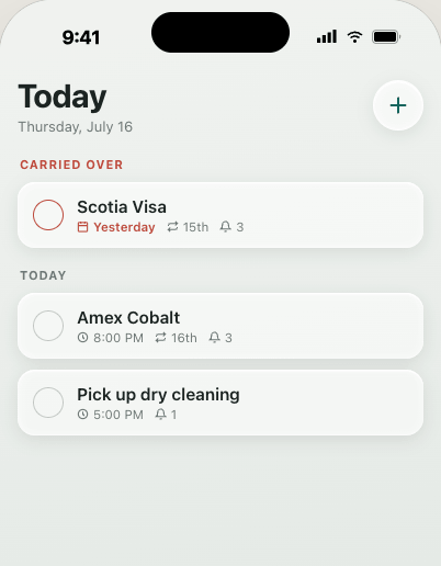 CueSpace today screen, light theme